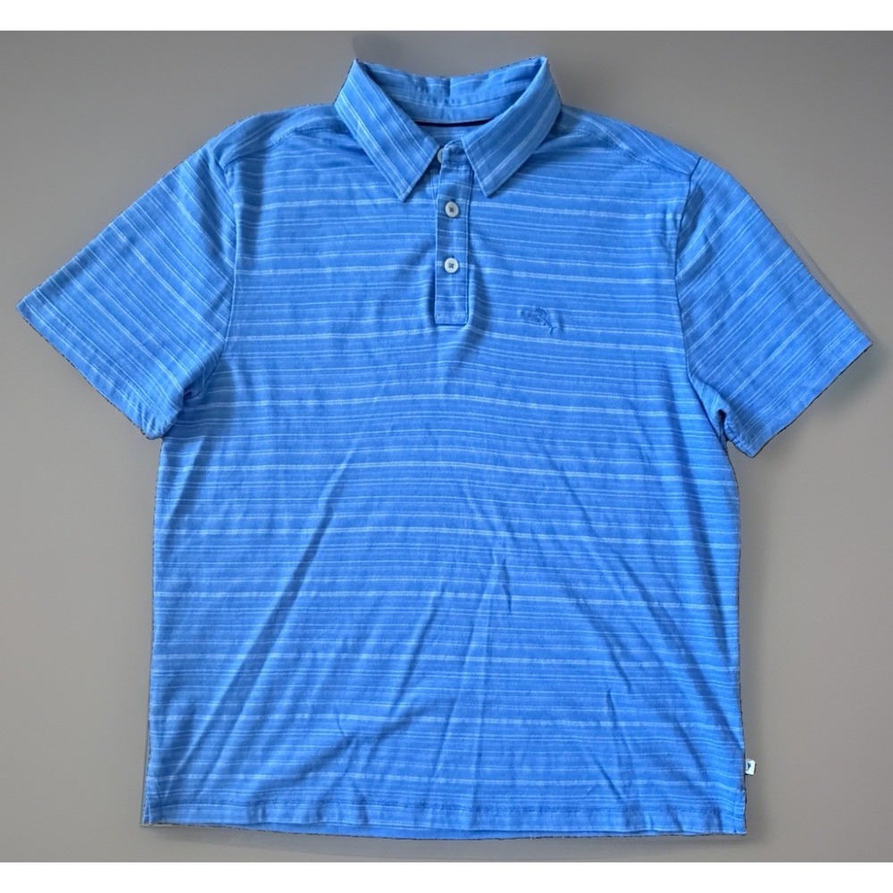 Tommy Bahama Short Sleeve Golf Polo Shirt Blue White Striped Logo Medium JBHS